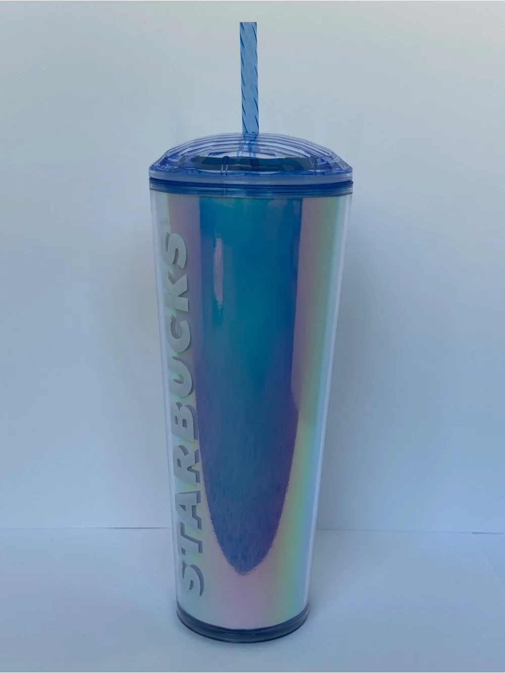 Starbucks Iridescent Pearl Blue Tumbler with Blue Dome Style Lid and Straw